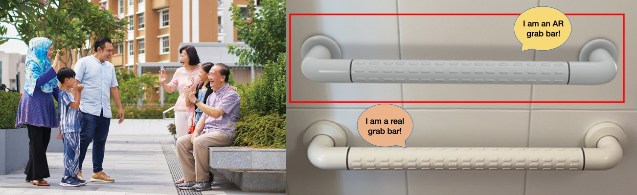 A family outdoors beside two grab bar comparisons labeled AR grab bar and real grab bar on a tiled wall.